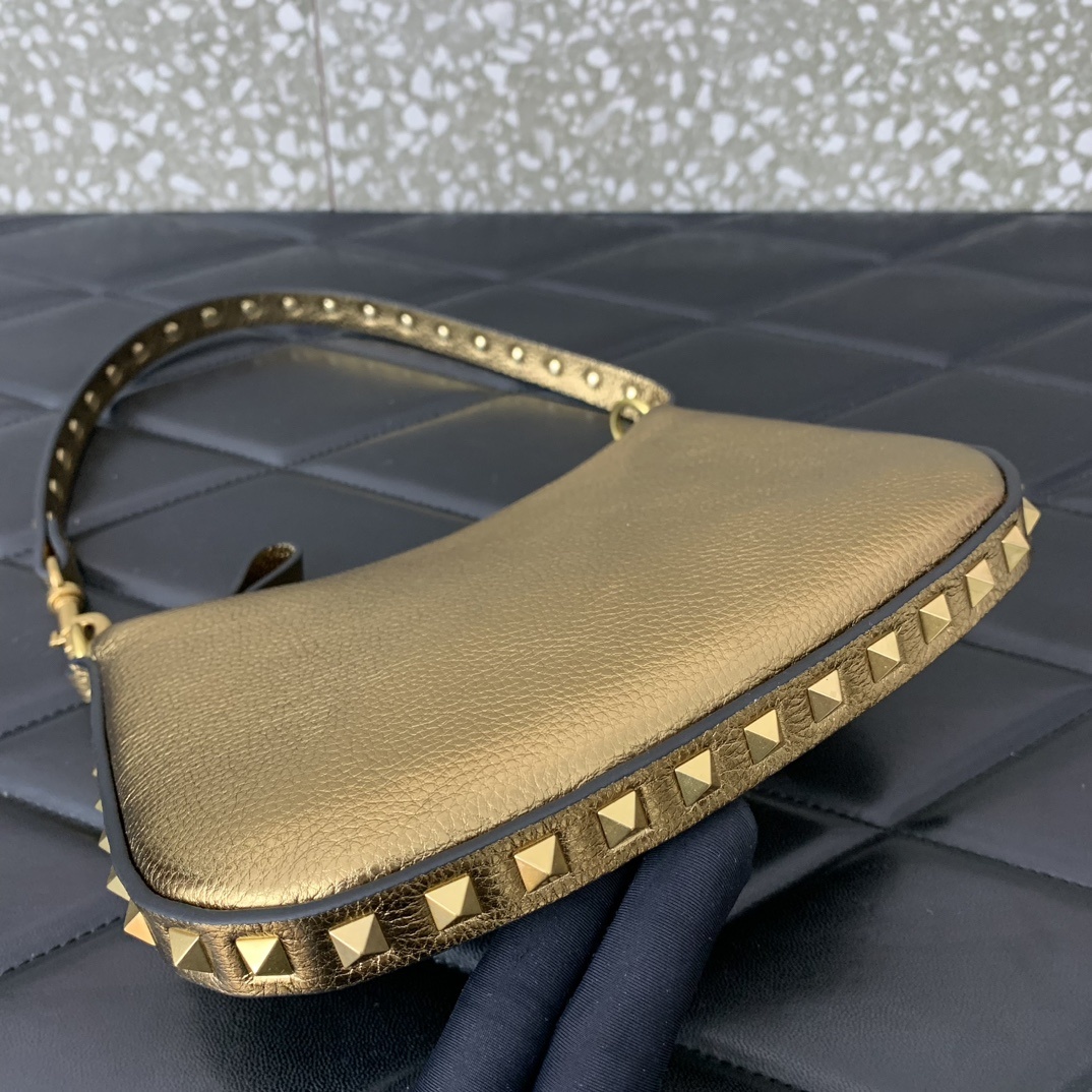 Valentino Garavani Rockstud Mini Hobo Bag in Gold Grainy Calfskin